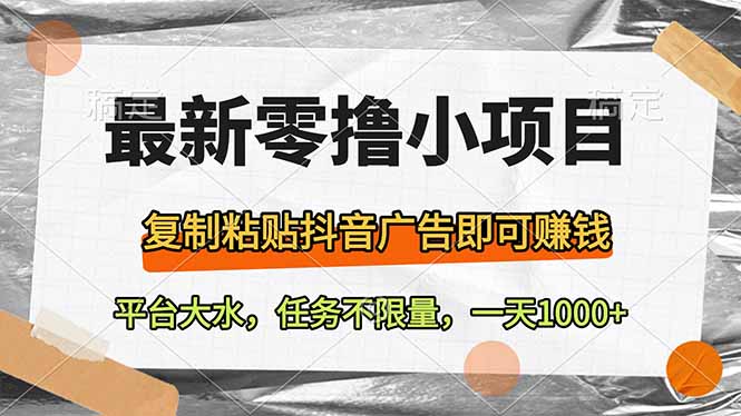 最新零撸小项目，复制粘贴抖音广告即可赚钱，平台大水，任务不限量，一…-网创项目