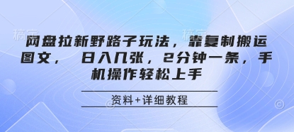 网盘拉新野路子玩法，靠复制搬运图文， 日入几张，2分钟一条，手机操作轻松上手-网创项目