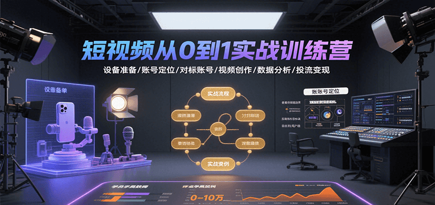 短视频从0到1实战训练营：设备准备/账号定位/对标账号/视频创作/数据分析/投流变现-网创项目