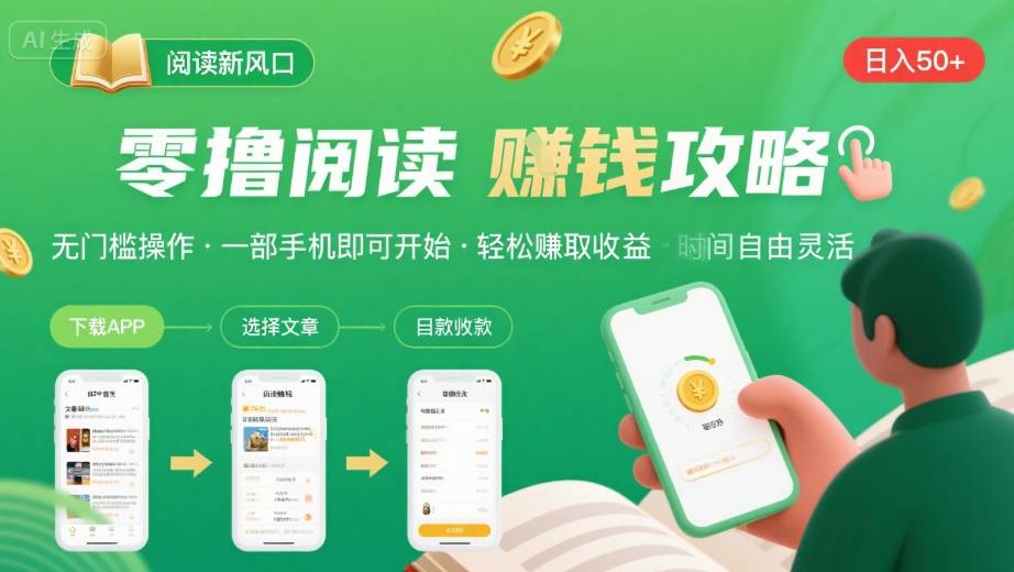 零撸阅读新风口，无门槛轻松挣，一部手机，日入 50-3张【揭秘】-网创项目