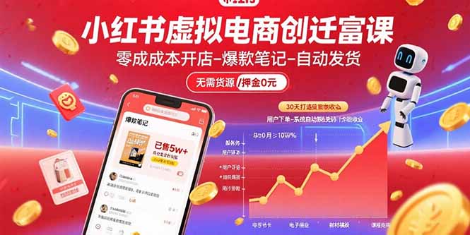 小红书虚拟电商创富课：零成本开店/爆款笔记/自动发货,30天打造被动收入-网创项目
