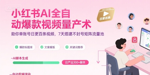 小红书AI全自动爆款视频量产术，助你单账号日更百条视频，7天搭建不封号矩阵流量池(更新8月)-网创项目