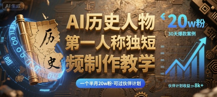 最新AI历史人物第一人称独白短视频制作教学，一个半月20w粉，可过伙伴计划-网创项目